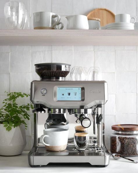 Crate and Barrel on Instagram: “Do you have a countertop coffee station at home? This countertop coffee station, with espresso machine from @breville, is ready to pour you…” Breville Espresso Machine, Breville Espresso, Espresso Machine Reviews, Automatic Espresso Machine, Espresso Maker, Espresso Machines, Coffee Station, Coffee Kitchen, Brushed Stainless Steel