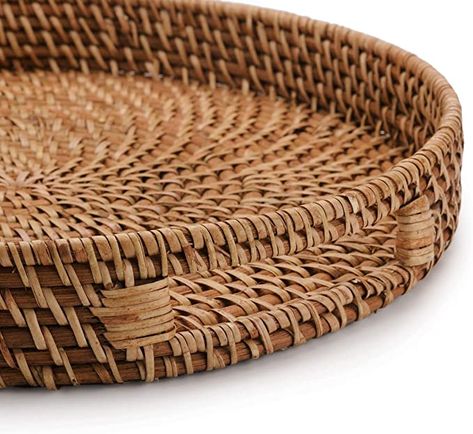 Wicker Tray Decor, Tray Decor Ideas, Tray Ottoman, Tray Coffee Table, Rattan Tray, Round Serving Tray, Wicker Tray, Tray With Handles, Ottoman Tray