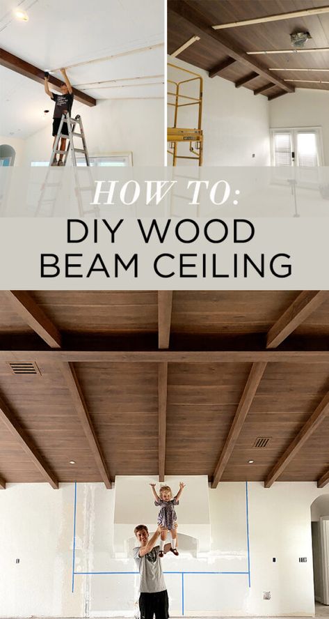 Wood Beam Slanted Ceiling, Wood Beam And Plank Ceiling, Diy Beams Vaulted Ceiling, Wood Plank Ceiling With Beams, Cross Beams On Ceiling, Wooden Ceiling With Beams, Adding Faux Beams To Vaulted Ceiling, Adding Wood To Ceiling, Angle Ceiling Living Room