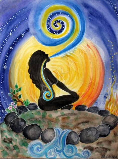 Breath of Life by Margherita Arkaura #illustration #magic #astrology #Sagittarius #mystic #inspiration #elements #air #breathing #ritual #earth #tarot  #wisdom #invocation #ceremony Girl Illustration Art, Yoga Kunst, Yoga Art, Modern Art Paintings, Goddess Art, Visionary Art, Arte Fantasy, Spiritual Art, Rumi