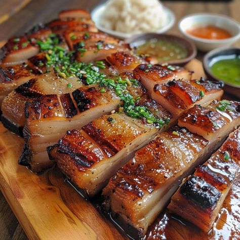 🍖 Savor the smoky, juicy goodness of Inihaw na Liempo! Perfect for BBQ lovers! 🔥🍽️ #GrilledPorkBelly #FilipinoFlavors Inihaw na Liempo (Grilled Pork Belly) Ingredients: Pork belly (500g, sliced) Soy sauce (1/4 cup) Calamansi juice (1/4 cup) Garlic (4 cloves, minced) Brown sugar (2 tbsp) Black pepper (1 tsp) Salt (1 tsp) Cooking oil (2 tbsp) Instructions: Marinate pork belly in soy sauce, calamansi juice, garlic, brown sugar, black pepper, and salt for at least 2 hours. Preheat grill and b... Grilled Pork Belly Recipes, Liempo Inihaw, Grill Pork Belly, Grilled Pork Belly, Twist Recipes, Calamansi Juice, Pork Belly Slices, Instagram Recipes, Filipino Dish