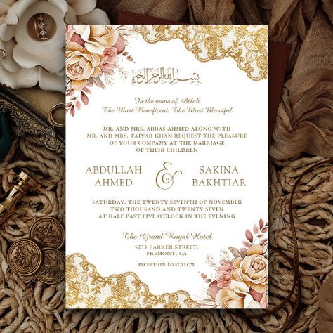 $3.08 | Cream Floral Gold Lace QR Code Muslim Wedding #islamic floral wedding, rustic watercolor classic stylish fancy, romantic pretty roses, botanical foliage garden leaves, online rsvp website details, bismillah nikah walima, all in one, spring summer country vintage, boho bohemian earthy neutral, flowers bouquet earth tones Pakistani Wedding Invitations, Pakistani Wedding Cards, Foliage Garden, Rsvp Website, Shadi Card, Digital Wedding Invitations Templates, Muslim Wedding Cards, Muslim Wedding Invitations, Wedding Card Frames