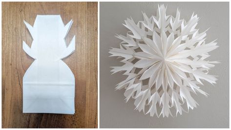 How to make gorgeous 3D paper bag snowflakes Paper Snowflakes Diy 3d, 3d Paper Snowflakes Templates, How To Make 3d Snowflakes, Snowflake Maker, Printable Snowflake Template, Diy Christmas Snowflakes, 3d Snowflakes, Paper Flowers Diy Easy, Snowflake Template