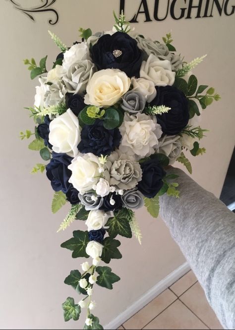 Navy, silver & ivory teardrop bridal bouquet Southern Charm Wedding, Wedding Planning Binder, Black And White Roses, Blue Wedding Bouquet, Blue Themed Wedding, Black White Wedding, Diy Bouquet, Future Wedding Plans, Wedding Flower Arrangements