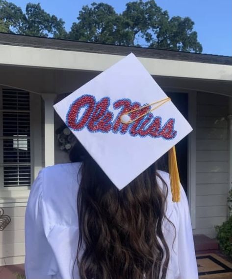 Ole Miss Graduation Cap, Ole Miss Bound Graduation Party, Jmu Graduation Cap, Graduation Cap Designs Rhinestones, Ole Miss Grad Party, Ole Miss Graduation Party, Ole Miss Graduation, Rhinestone Grad Cap, Rhinestone Graduation Cap