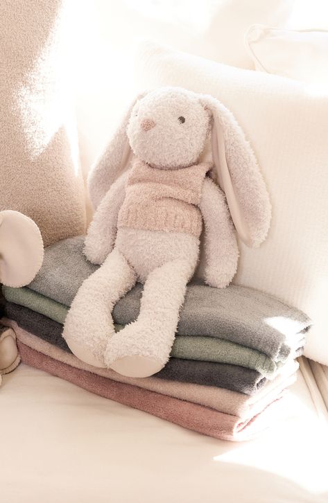 Made from a signature sumptuous lightweight knit, this snuggly bunny is the perfect sleepytime friend for your little one. 7" x 9" Polyester Imported Neutral Stuffed Animals, Knitted Plushies, Sew Bunny, Plushies Aesthetic, Adorable Stuffed Animals, Vintage Stuffed Animals, Twin Nursery, Bunny Stuffed Animal, Knitted Bunny