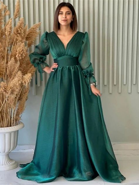 A-Line/Princess Organza Ruched V-neck Long Sleeves Sweep/Brush Train Dresses Train Dresses, Evening Dresses With Sleeves, Organza Dress, فستان سهرة, Linnet, Evening Dresses Long, Homecoming Dress, Sheer Sleeves, Fancy Dresses