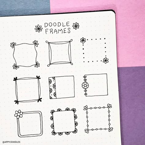 Doodle frames. Bullet journal doodles. #bulletjournalspread #doodleideas #doodledrawing #doodledesign #cutedoodles #bujo Agenda Doodles Planner Ideas, Bujo Frames Ideas, Bullet Journal Numbers, Doodle Frames And Borders, Doodle Borders Frames, Border Doodles, Bujo Frames, Journal Frames, Frames Doodle