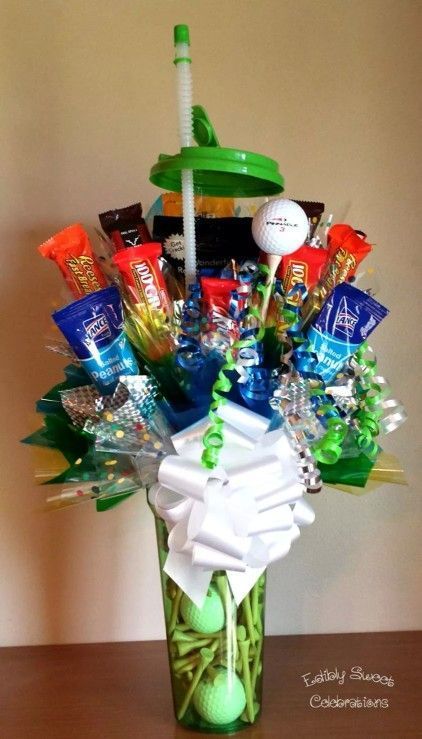 golf theme food, golf party ideas, Father's Day golf party ideas, golf candy present with golf balls and tees in a golf water bottle Golf Party Ideas, Golf Fundraiser, Golf Birthday Cakes, Golf Theme Party, Golf Birthday Gifts, Golf Ball Gift, Golf Ball Crafts, Golf Birthday Party, Golf Outing