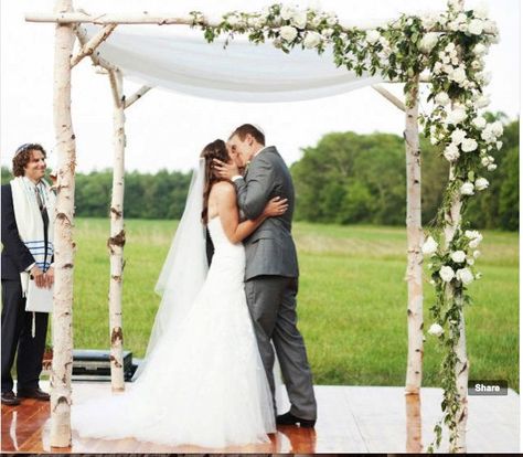 Birch arbor Chuppah. The symbolism of the Chuppah in the Jewish wedding ceremony is such a beautiful reminder of God's covering on the marriage and it is so cool! Birch Wedding Arch, Birch Chuppah, Tree Wedding Ceremony, Chuppah Flowers, Birch Tree Wedding, Birch Wedding, Wedding Chuppah, Jewish Wedding Ceremony, Beach Wedding Flowers