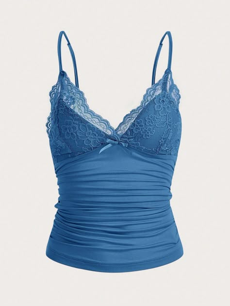 Contrast Lace Bow Front Y2k Cami Top Blue Shirts Aesthetic, Summer Clothes Y2k, Blue Clothes Outfits, Dream Clothes Summer, Blue Lace Tank Top, Y2k Cami Top, 2000s Tops, Blue Cami, Y2k Cami