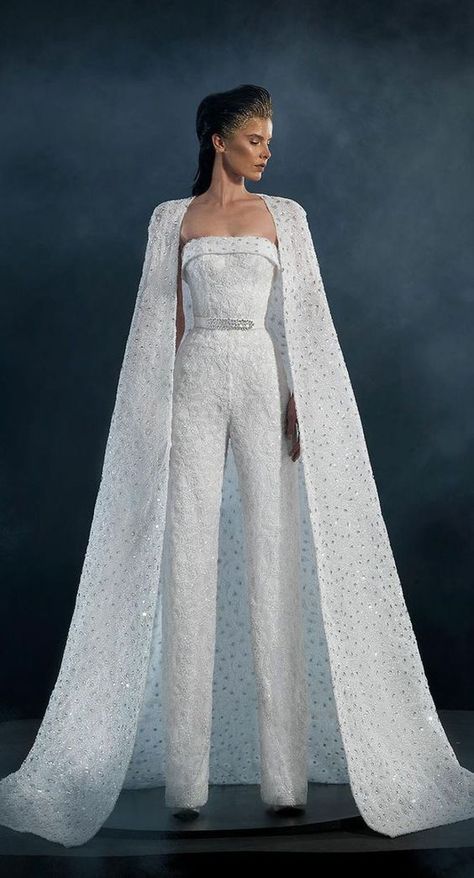 4d6e4749289c4ec58c0063a90deb3964desc46631295ri Dress High Fashion, Jumpsuit Wedding Dress, High Fashion Wedding Dress, Wedding Pantsuit, Gaun Fashion, Bridal Jumpsuit, Wedding Jumpsuit, Bridal Cape, Allure Bridal