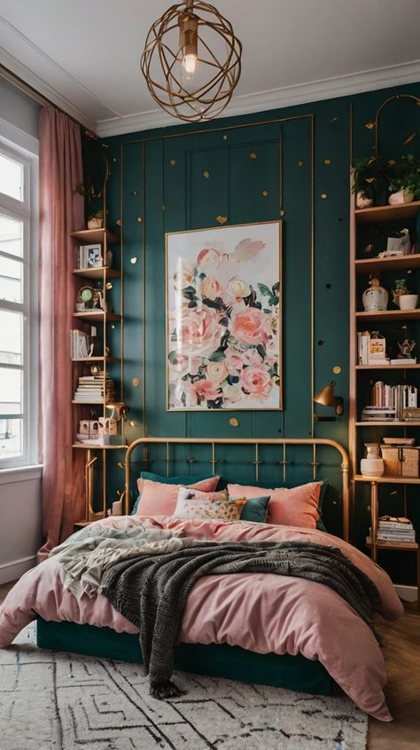 Dark Teal Bedroom Ideas Accent Wall, Emerald Green And Rose Gold Bedroom, Theatre Bedroom Ideas, Mauve And Teal Bedroom, Girls Pink And Green Bedroom Ideas, Navy And Rose Gold Bedroom, Wicked Bedroom Ideas, Bedroom Girly Ideas For Women, Low Budget Room Decor Ideas Bedroom