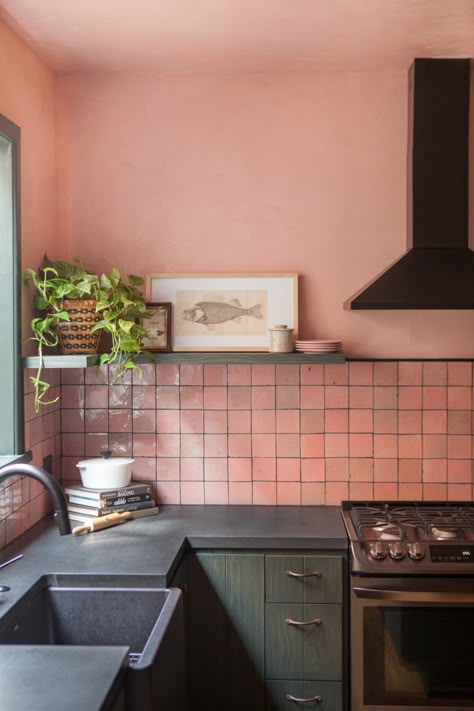 Utilitarian Kitchen, Pink And Green Kitchen, Pink Kitchen Walls, Kitchen Pink, Wooden Countertops, Black Countertops, Eclectic Kitchen, Pink Tiles, Zellige Tile