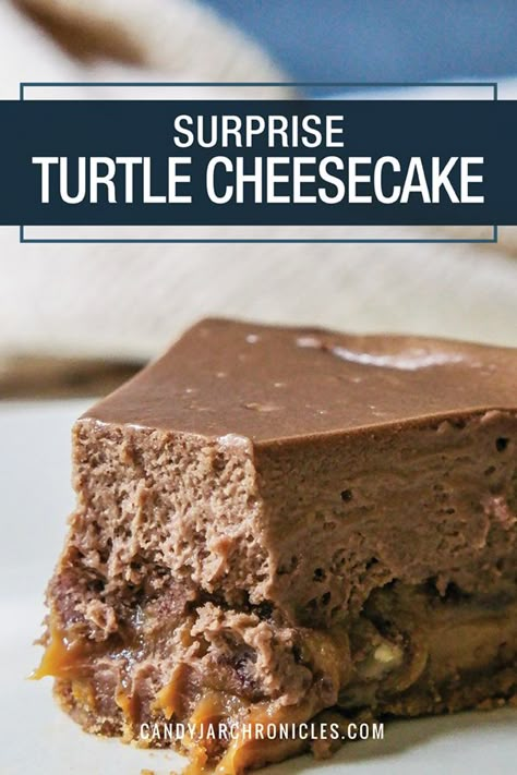 Surprise Turtle Cheesecake is a decadent chocolate cheesecake with a hidden layer of caramel and pecans. This easy baked cheesecake starts with a vanilla wafer base, a thick layer of caramel topped with nuts and all covered with a rich, yet tangy chocolate cheesecake. This is the ultimate turtle cheesecake with a sweet surprise in the centre.  #cheesecakes #turtlecheesecake #chocolate #caramel via @Candy Jar Chronicles Chocolate Caramel Pecan Cheesecake, Chocolate Caramel Cheesecake Recipe, Chocolate Turtle Cheesecake Recipe, Chocolate Turtle Cheesecake, Easy Baked Cheesecake, Caramel Toffee Crunch Cheesecake, Turtle Cheesecake Recipes, Chocolate Hazelnut Cake, Almond Shortbread