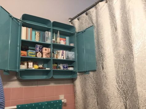 IKEA GUNNERN now a double bathroom cabinet - open Ikea Medicine Cabinet, Hanging Bathroom Cabinet, Laundry Reno, Cabinet Hack, Hack Ikea, Custom Cabinet, Ikea Hackers, Double Bathroom, Pink Bathroom