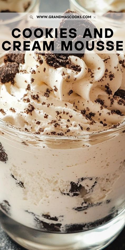 Enjoy the perfect balance of fluffy mousse and crunchy cookie bits with this Cookies and Cream Mousse. A light yet decadent dessert that’s sure to impress! Heavy Cream Mousse, Easy Mousse Dessert Recipes, Dessert Heavy Cream, Cookie And Cream Desserts, Two Ingredient Mousse, Healthy Mousse Recipes, Christmas Mousse Dessert, Heavy Cream Recipes Dessert, Desserts With Whipped Cream