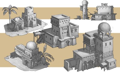 Arab architecture, concept art, videogames, sketches, props, assets, call outs Arabic City Concept Art, Desert Buildings Concept Art, Desert Architecture Concept, Arab Architecture, Desert Architecture, Arabic Architecture, Fantasy World Map, Props Concept, Building Sketch