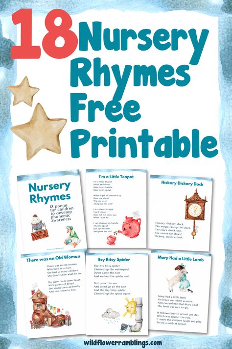 Why is rhyming an important skill? {free printable: 18 nursery rhymes} - Wildflower Ramblings Nursery Rhyme Provocations, Rhyming Riddles Preschool, Teaching Nursery Rhymes, Preschool Nursery Rhyme Theme, Rub A Dub Dub Nursery Rhyme, Nursery Rhyme Crafts For Infants, Nursery Rhymes Printables, Preschool Nursery Rhyme Activities, Nursery Rhymes Kindergarten