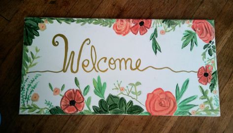 Welcome sign on canvas Welcome Canvas Painting, Welcome Painting, Perfect Living Room Decor, Small Backyard Wedding, Evil Eye Art, Wedding Dress Pictures, Wedding Welcome Sign, Wedding Welcome Signs, Paint Ideas