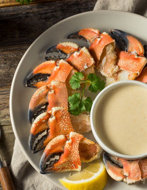 Maine Jonah Crab Claws with Creamy Cajun Dipping Sauce Jonah Crab Claws Recipe, Crab Claw Recipes, Cajun Dipping Sauce, Stone Crab Claws, Stone Crab, Crab Claws, Seafood Dinner, Cajun Seasoning, Lemon Zest