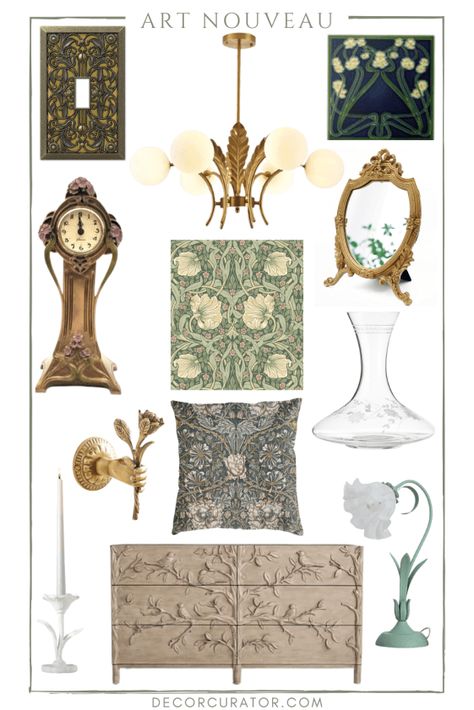 Art Neauveau Interior Decor, Art Nouveau Bedroom Decor, Art Neuvo Bedroom, Art Neauveau Interior Bedroom, Art Nouveau Interior Living Room, Art Nouveau Bedroom Ideas, 1920s Aesthetic Decor, Art Nouveau Mood Board, Art Neauveau Interior