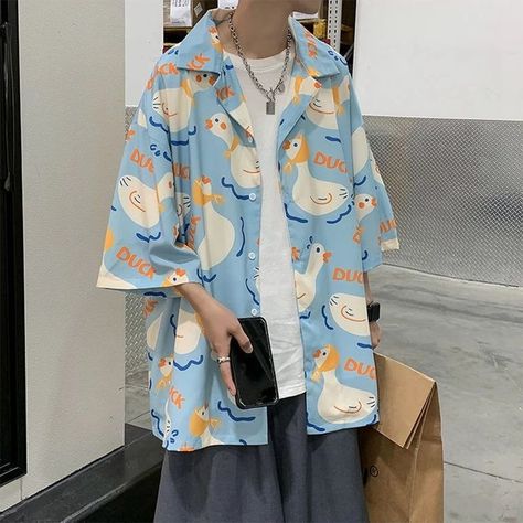 Anime Button Up Shirt, Duck Anime, Women Streetwear Summer, Trendy Crop Tops, Cute Duck, Oversize Casual, Streetwear Summer, Beach Tops, Streetwear Women