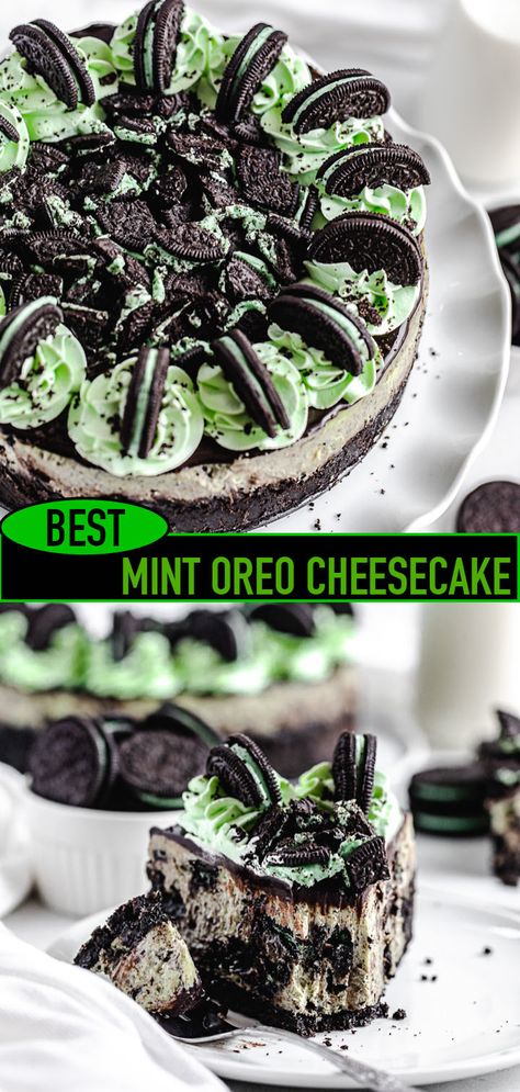 Mint Chip Cheesecake, No Bake Mint Oreo Cheesecake, Mint Chocolate Cheesecake Recipes, Thin Mint Cheesecake, Mint Cheesecake Recipes, Shamrock Cheesecake, Mint Oreo Dessert, Mint Oreo Cake, Freeze Cheesecake