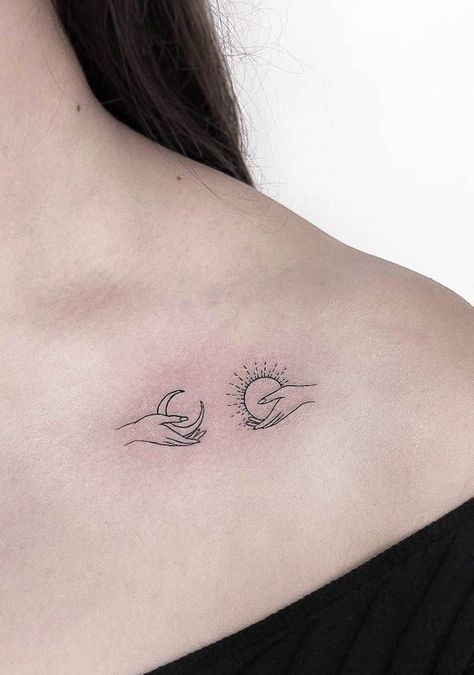 Small Tattoos Moon And Sun, Collar Bone Tattoo With Meaning, Moon Phases Tattoo Side Rib, Below Collarbone Tattoo, Below The Collar Bone Tattoo, Pretty Moon Tattoos For Women, Cute Bone Tattoo, Sun On Collar Bone Tattoo, Sun Tattoo Ideas For Women Shoulder