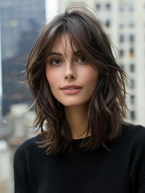 Choppy Short Hair With Curtain Bangs, Bob With Fringe Bangs Mid Length, Shag Bob Haircut With Curtain Bangs, Unique Short Hair Styles, Short Shag Haircut With Curtain Bangs, Wavy Long Bob Curtain Bangs, Curtain Bangs Small Face, Bangs With Oval Face Shape, Lob And Curtain Bangs