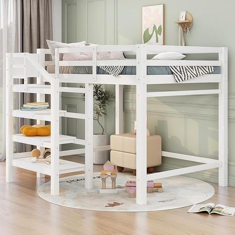 Amazon.com: Full Loft Bed with Stairs Wood Frame Storage Shelves and Hanging Rod White Beds for Kids Boys Girls Adults Teens Dorm Bedroom, Full Size White With Stairs : Home & Kitchen Beds For Kids Boys, Loft Bed Ideas For Adults, Loft Bed With Stairs, White Beds, Stairs Wood, Loft Bed With Storage, Bed With Stairs, White Loft Bed, Storage Staircase