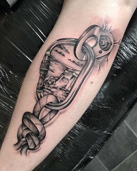 Climbing piece for Matt. #climbing #rockclimbing #climbingtattoo #carabiner #carabinertattoo #rockclimbingtattoo #stanageedge #tattoo… Carabiner Tattoo, Rock Climbing Tattoo, Fireman Tattoo, Climbing Tattoo, Rope Tattoo, Firefighter Tattoo, Fire Fighter Tattoos, Adventure Tattoo, Anatomical Heart Tattoo