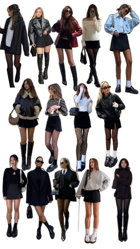 Skirt mini black outfits How To Dress For Different Body Types, Black Mini Skirt Nye Outfit, English Class Outfit, Winter Tights And Skirt Outfit, Mini Skirt With Tights Outfit Winter, Mini Black Skirt Fall Outfit, Basics Outfit Winter, Winter Outfits Aesthetic Petite, Brunch Outfit Ideas Fall Classy Chic