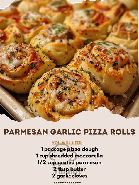 🧄🍕 Savor this garlicky, cheesy pizza roll goodness! #PizzaRolls #GarlicParmesan 🍽️ Parmesan Garlic Pizza Rolls 🛒 Ingredients: 1 package pizza dough 1 cup shredded mozzarella 1/2 cup grated parmesan 2 tbsp butter, melted 2 garlic cloves, minced 1 tsp Italian seasoning 1 tsp parsley, chopped Marinara sauce for dipping 👩‍🍳 Instructions: Preheat Oven: Preheat to 400°F. Prepare Filling: Mix mozzarella, parmesan, butter, garlic, Italian seasoning, and parsley. Form Rolls: Roll out pizza dough. ... Parmesan Butter, Garlic Pizza, Pizza Roll, Cheesy Pizza, Pizza Rolls, Garlic Parmesan, Shredded Mozzarella, Wrap Sandwiches, Marinara Sauce