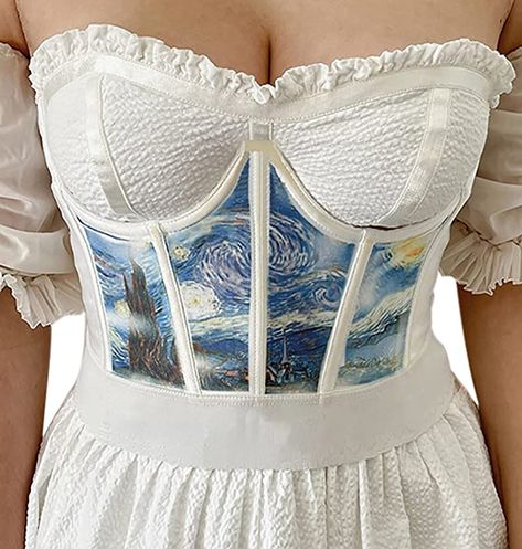 Meladyan Women Push Up Corset Satin Oil Painting Print Overbust Waist Bonded Bustier Strapless Cincher Tube Top at Amazon Women’s Clothing store Push Up Corset, White Bustier, Waist Corset, Crop Top Women, Cute Lingerie, Corset Crop Top, Underbust Corset, Vest Fashion, Top Women