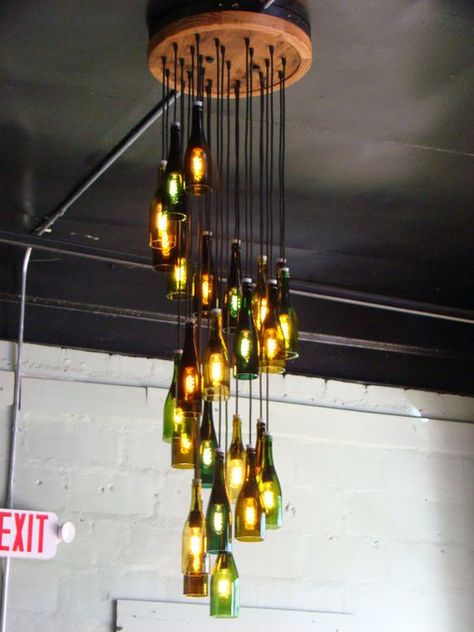 Beer Bottle Chandelier, Wine Bottle Chandelier, Beer Bottle Crafts, Bottle Chandelier, Pools Backyard, Backyard Beach, Wine Bottle Art, Wine Bottle Diy Crafts, Wine Bottle Diy