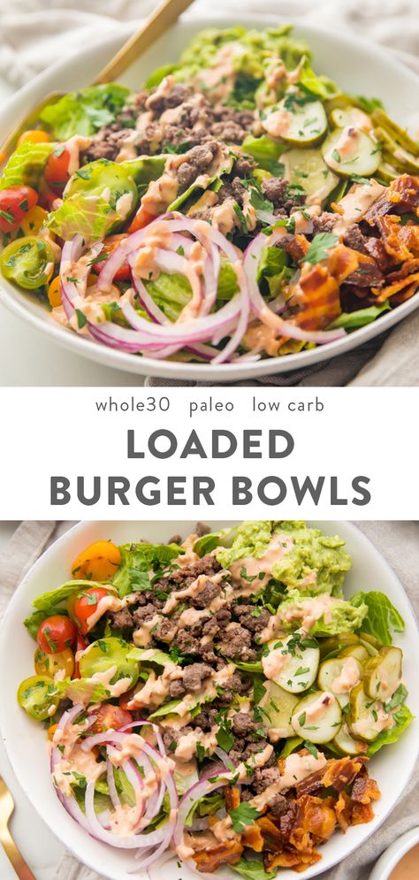 These loaded burger bowls with pickles, bacon, a quick guacamole, and a \ Lettuce Wrap Burger, Loaded Burger Bowls, Wrap Burger, Loaded Burger, Lettuce Wrapped Burger, Quick Guacamole, Burger Bowls, Low Carb Burger, Lettuce Wrap