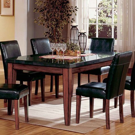 Have to have it. Steve Silver Montibello Granite Top Rectangular Table - $638 @hayneedle.com Granite Kitchen Table, Casual Kitchen Table, Granite Dining Table, Black Kitchen Table, Top Kitchen Table, Granite Table, Wooden Dining Table Designs, Casual Dining Table, Table With Chairs