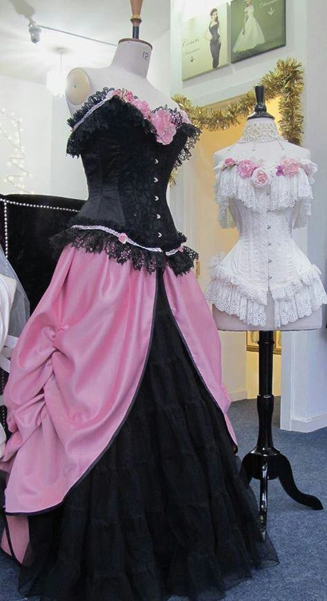 Pink Victorian Outfit, Black And Pink Gothic Outfit, Black And Pink Ball Gown, Black Masquerade Dress, Pink Medieval Dress, Draculaura Dress, Baby Pink Prom Dresses, Victorian Ballgown, Emo Prom