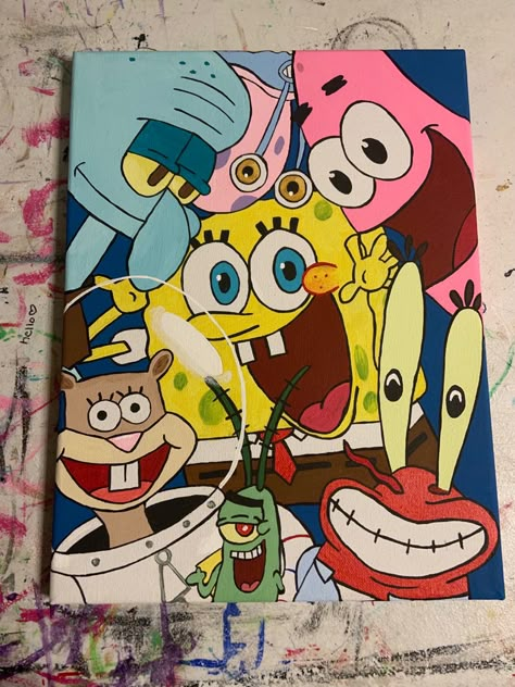 Spongebob Doodle Art, Acrylic Painting Cartoon Characters, Disney Paintings On Canvas, Disney Character Paintings On Canvas, Character Paintings On Canvas, Inside Out Painting, Animated Paintings, Spongebob Art, Cartoon Wall Painting