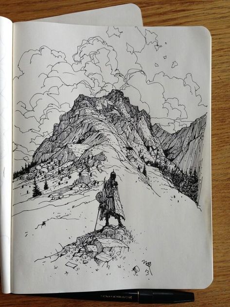 Snow Mountain Sketch, Snow Ink Drawing, Mountain Ink Drawing, Snow Sketch, Cloud Sketch, Drawing Mountains, Ian Mcque, Mountain Drawing, Arte Sketchbook