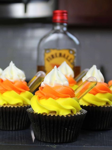 Fireball Cupcakes - Boozy Cinnamon Cupcakes w/ Fireball Frosting Fireball Cupcakes, Flavored Whiskey, Boozy Baking, Halloween Food Cupcakes, Cinnamon Cupcakes, Boozy Cupcakes, Postres Halloween, Fall Cupcakes, Homemade Frosting