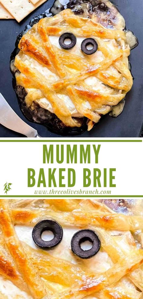 Halloween Mummy Wrapped Baked Brie is a perfect Halloween party appetizer recipe! Melty cheese with cherry jam gives a blood gory effect. Mummy Brie Cheese, Mummy Baked Brie, Halloween Brie Cheese, Halloween Brie Appetizer, Halloween Baked Brie, Halloween Brie, Mummy Brie, Halloween Appetizers Easy, Brie Appetizer