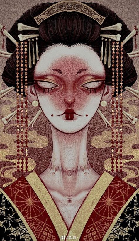 Scary Cute Drawings, Cute Scary Art, Evil Clothes, Geisha Drawing, Makeup Illustration, Scary Drawings, Arte Peculiar, Geisha Art, Dark Art Drawings