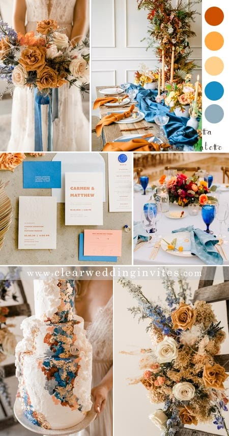 5 Stylish Terracotta Wedding Color Palette with Retro Vibe – Clear Wedding Invites Wedding Color Trends For 2023, Vintage Summer Wedding Colors, Southern Wedding Color Schemes, Summer 2023 Wedding, Wedding Color Palette Bright, Wedding Color Schemes Terracotta, Light Blue Terracotta Wedding, Spring Wedding Color Palette 2023, June Wedding Colors Schemes Rustic