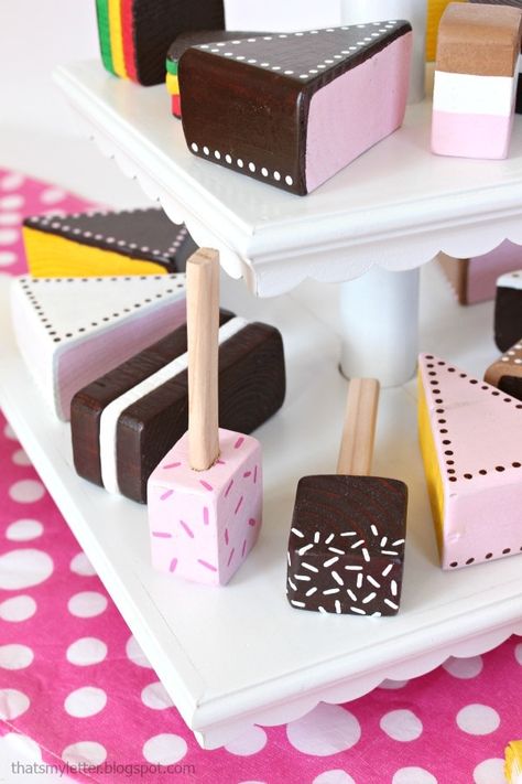 DIY 2x4 play food and treats Diy Wood Play Food, Three Tier Cupcake Stand, Play Food Diy, Crunchy Baby, Pretend City, Tier Cupcake Stand, Kids Play Food, Diy Cupcake Stand, Italian Rainbow Cookies