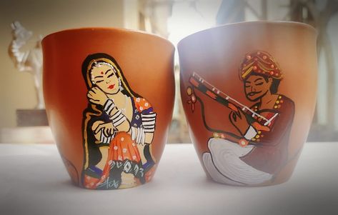 Hand Painted Pair Kulhad Rajasthani Artcouple Kulhad Set for - Etsy UK Kulhad Painting Ideas, Painting On Cup, Kulhad Painting, Art Forms Of India, Unique Tea Cups, Brilliant Packaging, Rajasthani Painting, Pots Diy, Planter Diy