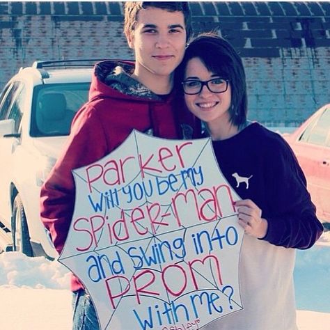 Spiderman and Peter Parker Spider Man Hoco Proposal, Peter Parker Homecoming, Hoco Signs, Sadies Proposal, Cute Hoco Proposals, Promposal Ideas, Cute Homecoming Proposals, Spiderman Poster, Dance Proposal