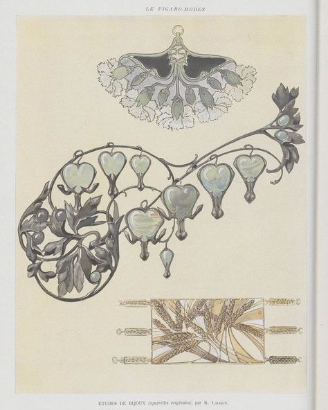 . René Lalique designs for Le Figaro, 1903. René Lalique (1860–1945) was a renowned French glass designer and jeweler, celebrated for his innovative work in the Art Nouveau and Art Deco movements. He initially gained fame as a jeweler, creating intricate and luxurious pieces that often featured nature-inspired motifs like flowers, insects, and animals. Later in his career, Lalique shifted his focus to glassmaking and became one of the most famous glass artists of the early 20th century. He... Heart Shape Jewelry, Fleurs Art Nouveau, Art Nouveau Fashion, Motifs Art Nouveau, Art Amour, Design Art Nouveau, Bijoux Art Nouveau, Art Nouveau Flowers, Art Nouveau Pendant