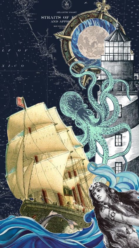 Dark Maritime Aesthetic, Blue History Aesthetic, Vintage Sailor Aesthetic, Seaman Aesthetic, Dark Nautical Aesthetic, Angry Octopus, Dark Nautical, Mermaid Collage, Sailor Aesthetic